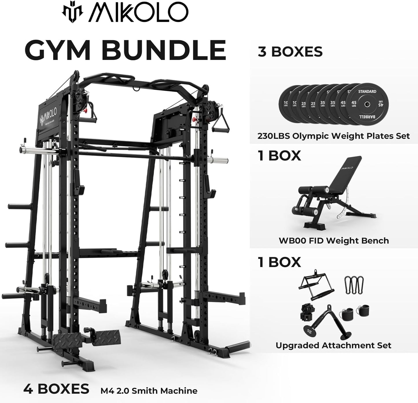 Mikolo Smith Machine, 2200lbs Squat Rack with LAT-Pull Down System & Cable Crossover Machine, Training Equipment with Leg Hold-Down Attachment