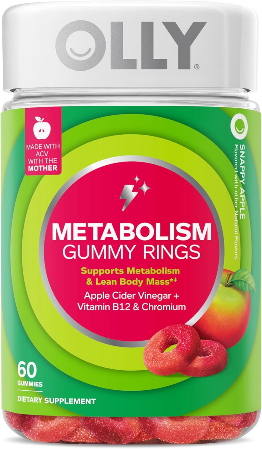 OLLY Metabolism Gummy Rings, Metabolism and Cellular Energy Chewable Supplement,* Apple Cider Vinegar, Vitamin B12, Chromium Picolinate, Apple Flavored, 60 Day Supply - 60 Count