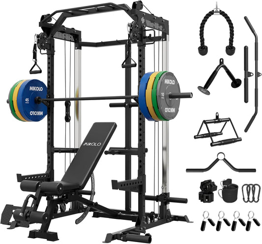 Mikolo Power Cage, 2000LB Power Rack with Independent Dual Pulley System, Multi-Function Home Gym Workout Machine for Cable Crossover