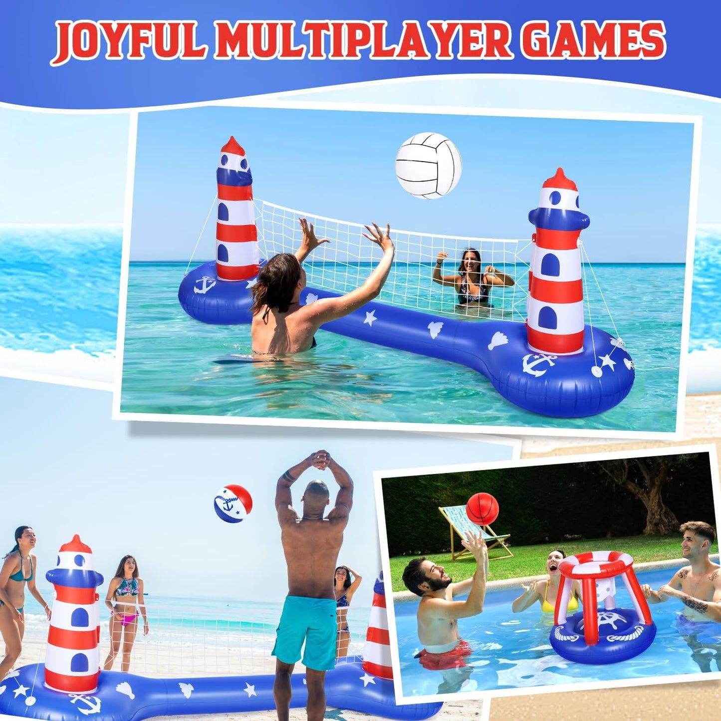 EagleStone Pool Volleyball Net &Basketball Hoop Inflatable Pool Floats Toys Swimming Water Games for Adults and Kids 8-12 Teens Volleyball Court Poolside Floaties