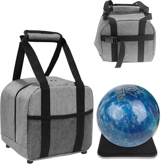 Single Bowling Ball Bag 1 Ball Extra Ball Organizer with Padded Ball Holder, Portable Small Zipper Case with Mesh Pocket, Bowling Gifts for Men, Kids, Beginners (Gray)