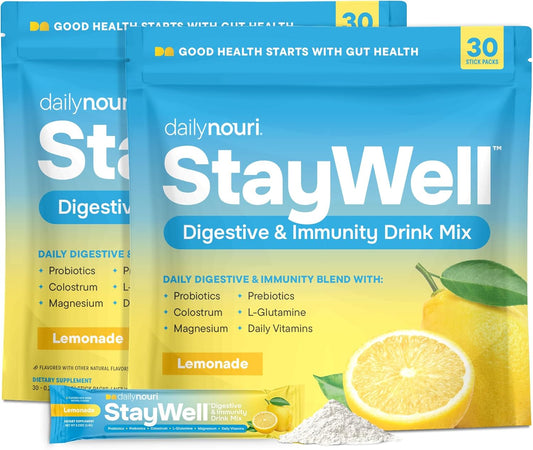 Nouri Daily StayWell Digestive & Immunity Drink Mix | Supports Gut Health, Digestion, Immunity & Energy | Probiotics, Prebiotics, Colostrum & Daily Vitamins | 30 Stick Packs