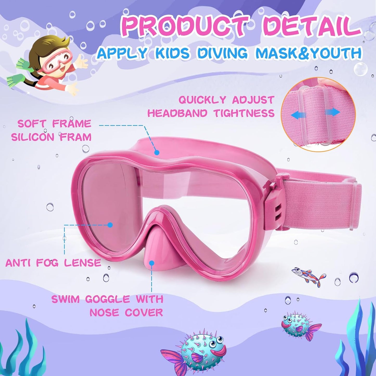 Kids Swim Goggles 180° Snorkel Diving Mask with Nose Cover, Anti-Fog Kids Swimming Goggles with Elastic Fabric Strap for Kids Boys Girls