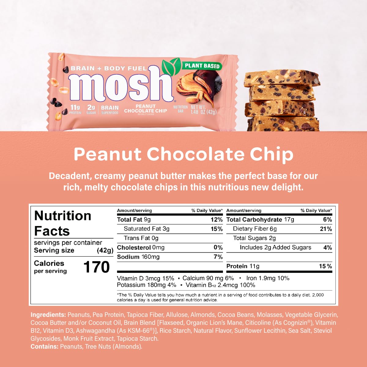 MOSH Peanut Chocolate Chip Vegan Protein Bars, Plant Based, Keto, Gluten Free, Brain Healthy Snack with Cognizin, Ashwagandha and Lion's Mane, 12 Count