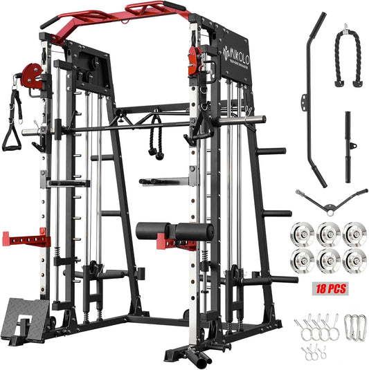 Mikolo Smith Machine, 2200lbs Squat Rack with LAT-Pull Down System & Cable Crossover Machine, Training Equipment with Leg Hold-Down Attachment
