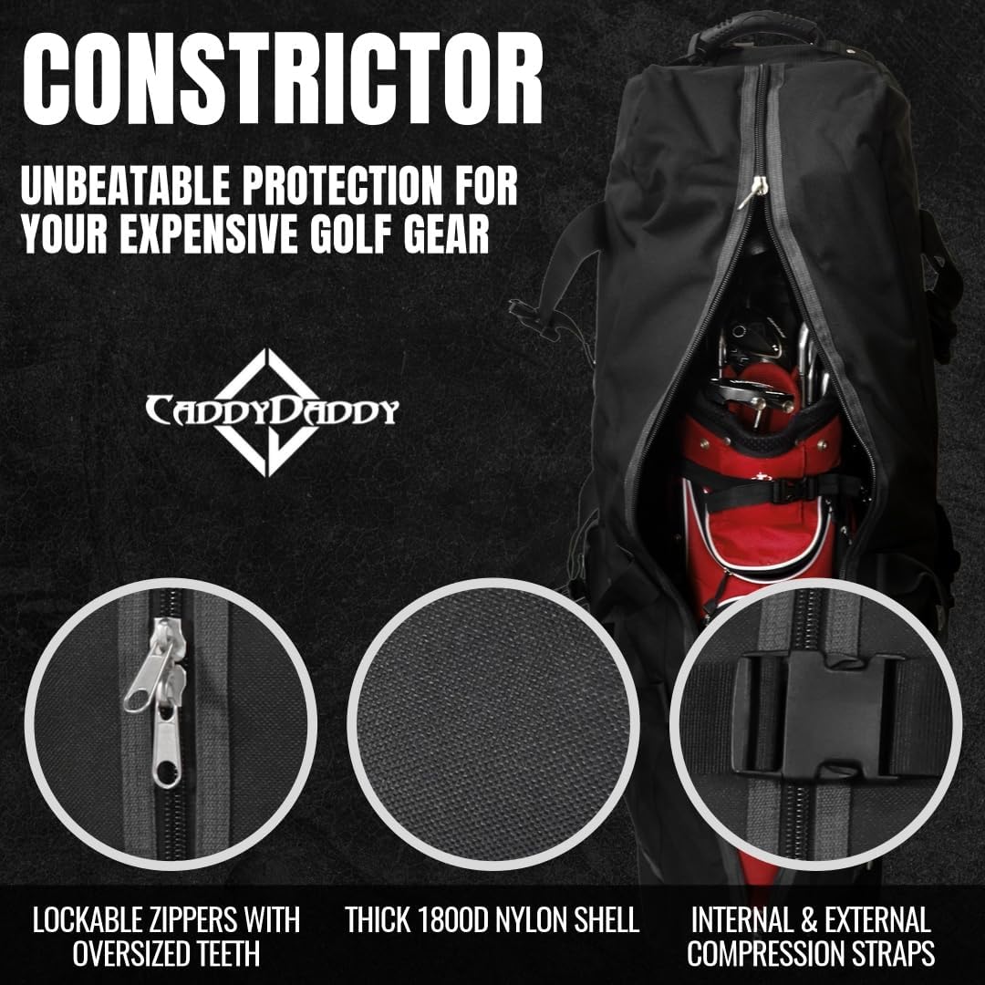 CaddyDaddy Constrictor Soft-Sided Golf Travel Bag Cover with Thick Dense Foam Padded Top 1 Year Full Travel Bag Replacement Coverage | Wheels & Lockable Zippers Case for Transporting Clubs on Airlines