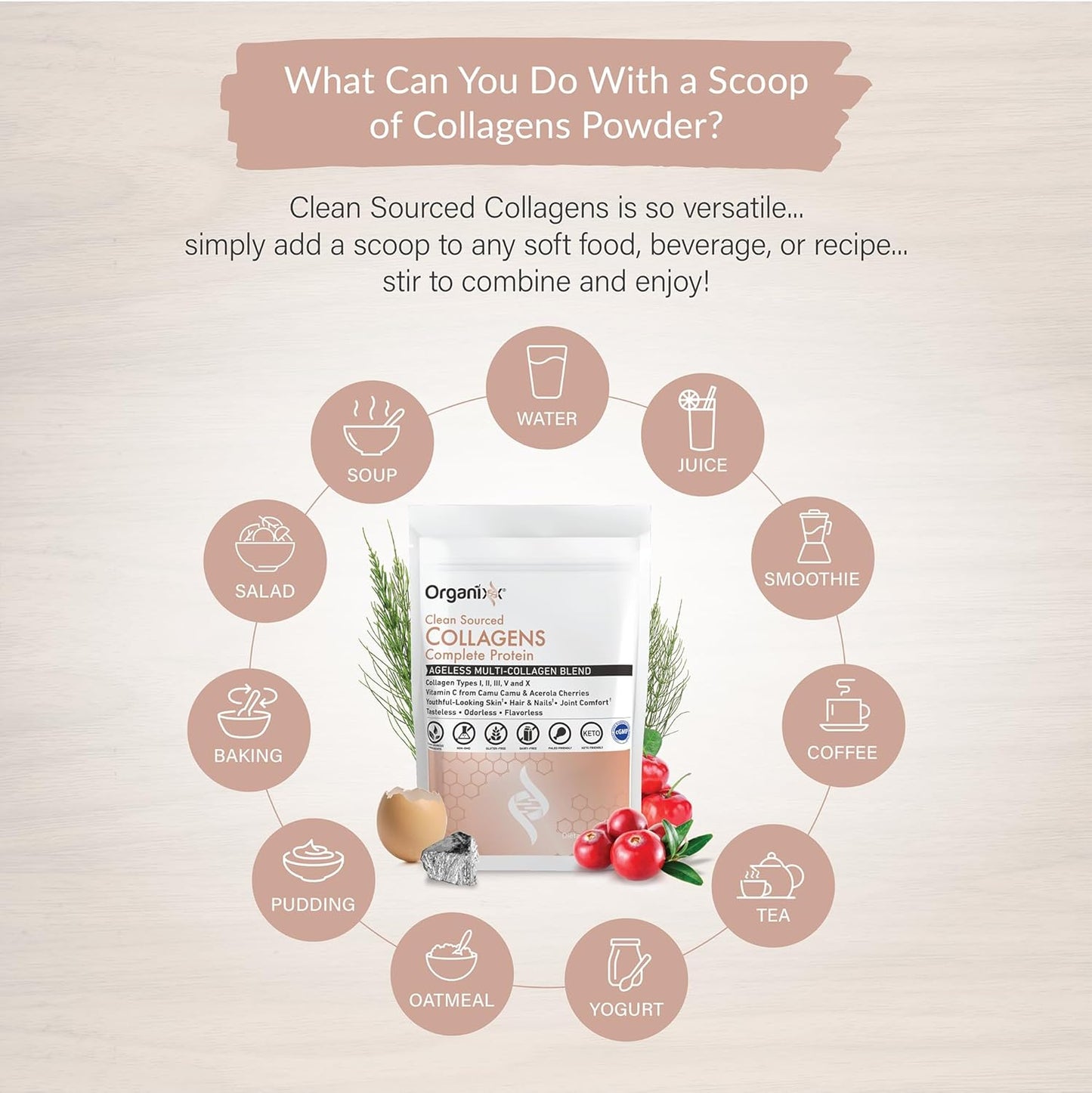 Organixx Collagen Peptides Powder with Vitamin C, Types I, II, III, V, X Hydrolyzed Collagen, Hair, Nail, Skin, Bone & Joint Health, Aging Support, Clean Sourced, Gluten Free, Unflavored, 30 Servings