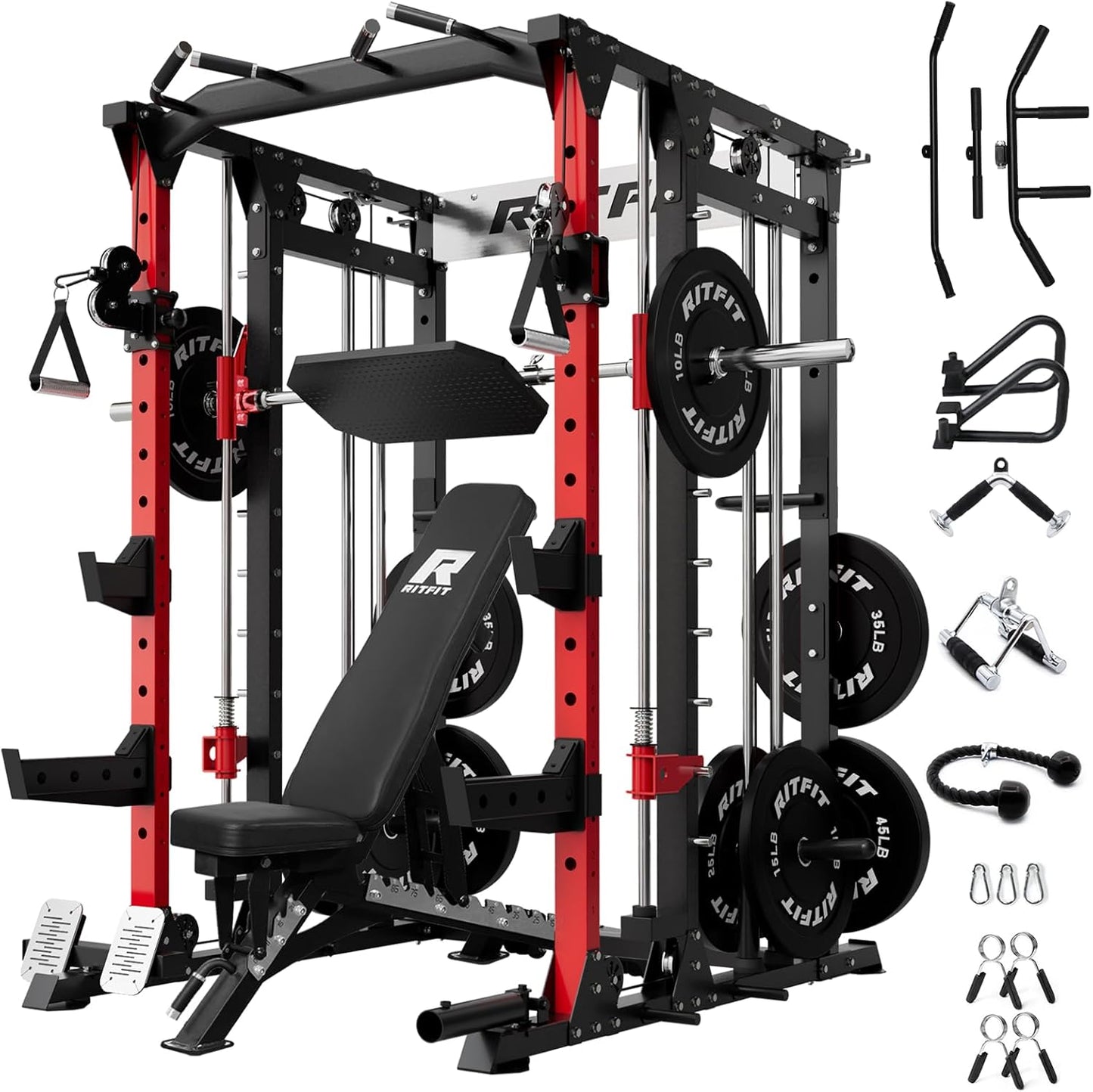 RitFit Buffalo Smith Machine, Power cage with LAT-Pull Down System & Cable Crossover System, All-in-One Squat Rack for Home Gym, Power Rack