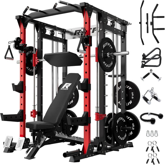RitFit Buffalo Smith Machine, Power cage with LAT-Pull Down System & Cable Crossover System, All-in-One Squat Rack for Home Gym, Power Rack