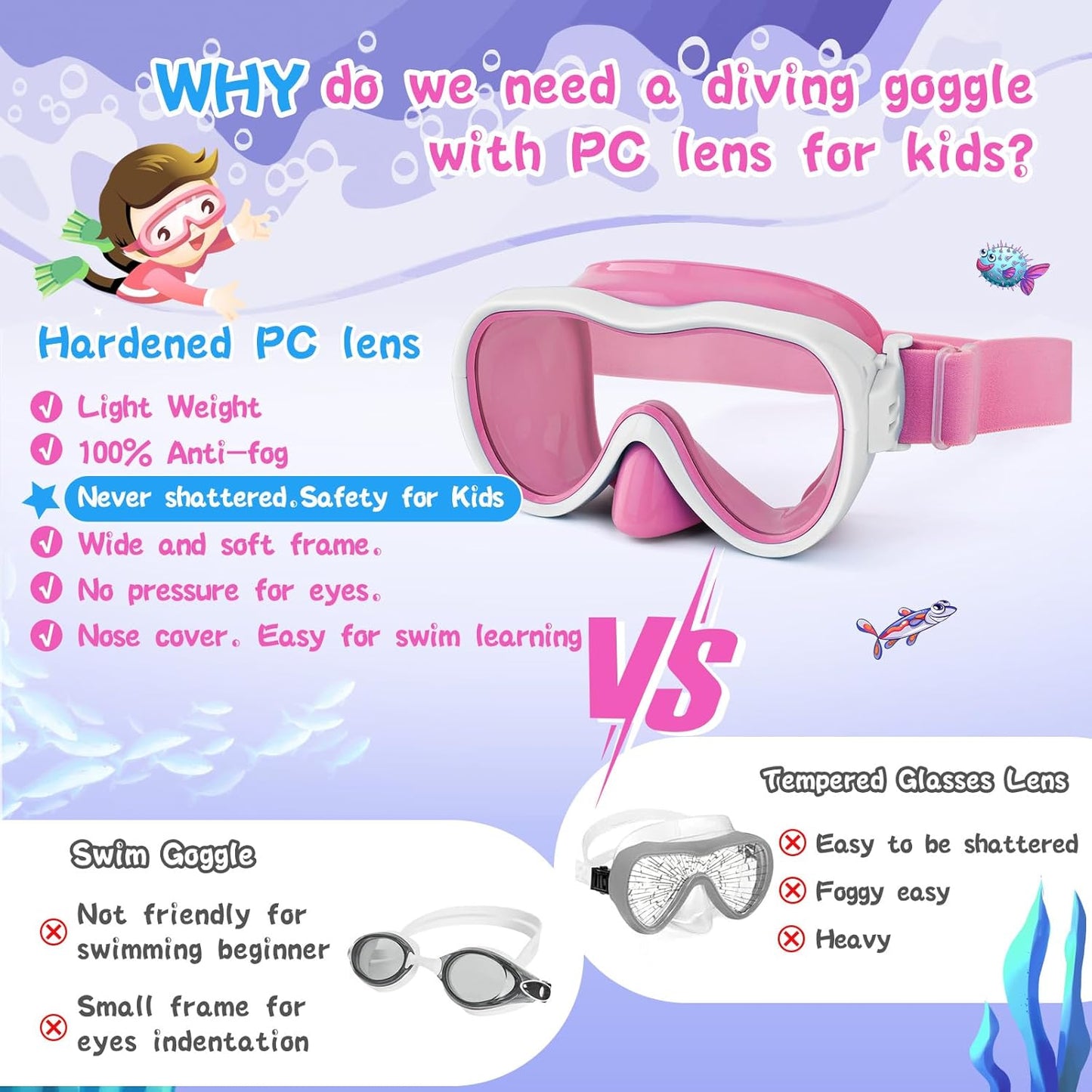 Kids Swim Goggles 180° Snorkel Diving Mask with Nose Cover, Anti-Fog Kids Swimming Goggles with Elastic Fabric Strap for Kids Boys Girls