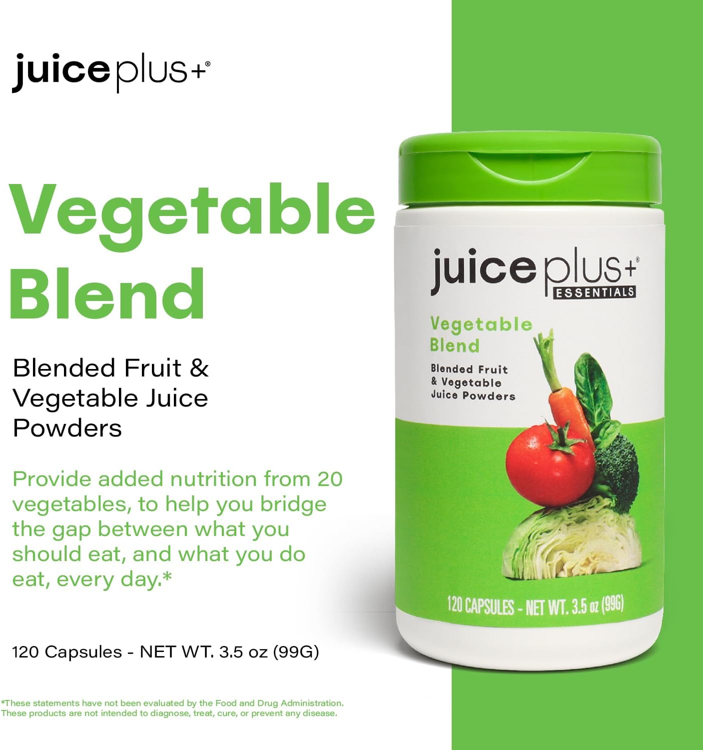 Juice Plus+ Vegetable Blend: with Broccoli, Parsley, Tomato & More - Plant-Based, Vegan, Gluten-Free, Non-GMO, Kosher - for Heart, Immune, Cognitive & Skin Health - 1 Bottle (60 Servings)