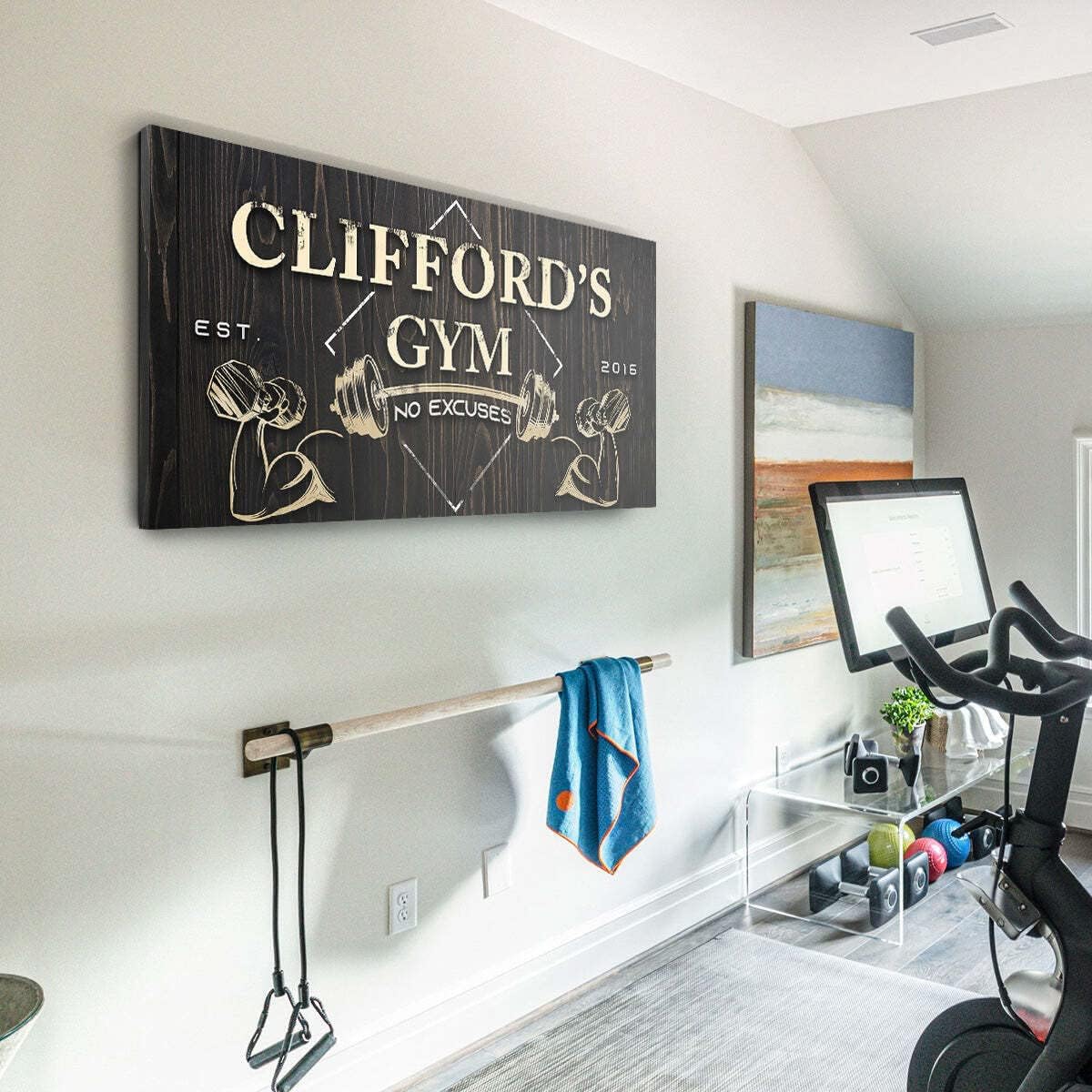 Tailored Canvases Personalized Gym Sign Wall Art Decor - Motivational Canvas for Home Gym, Workout Room, Garage, Fitness Center - Workout Inspirational Posters - Gym Name on Wooden Background, 20x10in