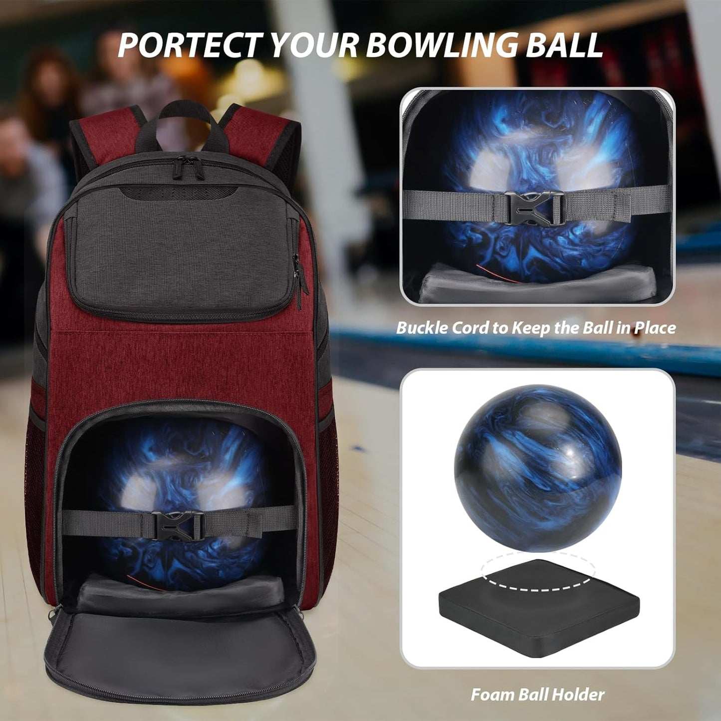 Bosynoy Bowling Backpack, Bowling Ball Bag Totes for Single Ball with Shoe Compartment & Foam Padded, Fits Shoes Up to US Mens Size 16, Grey