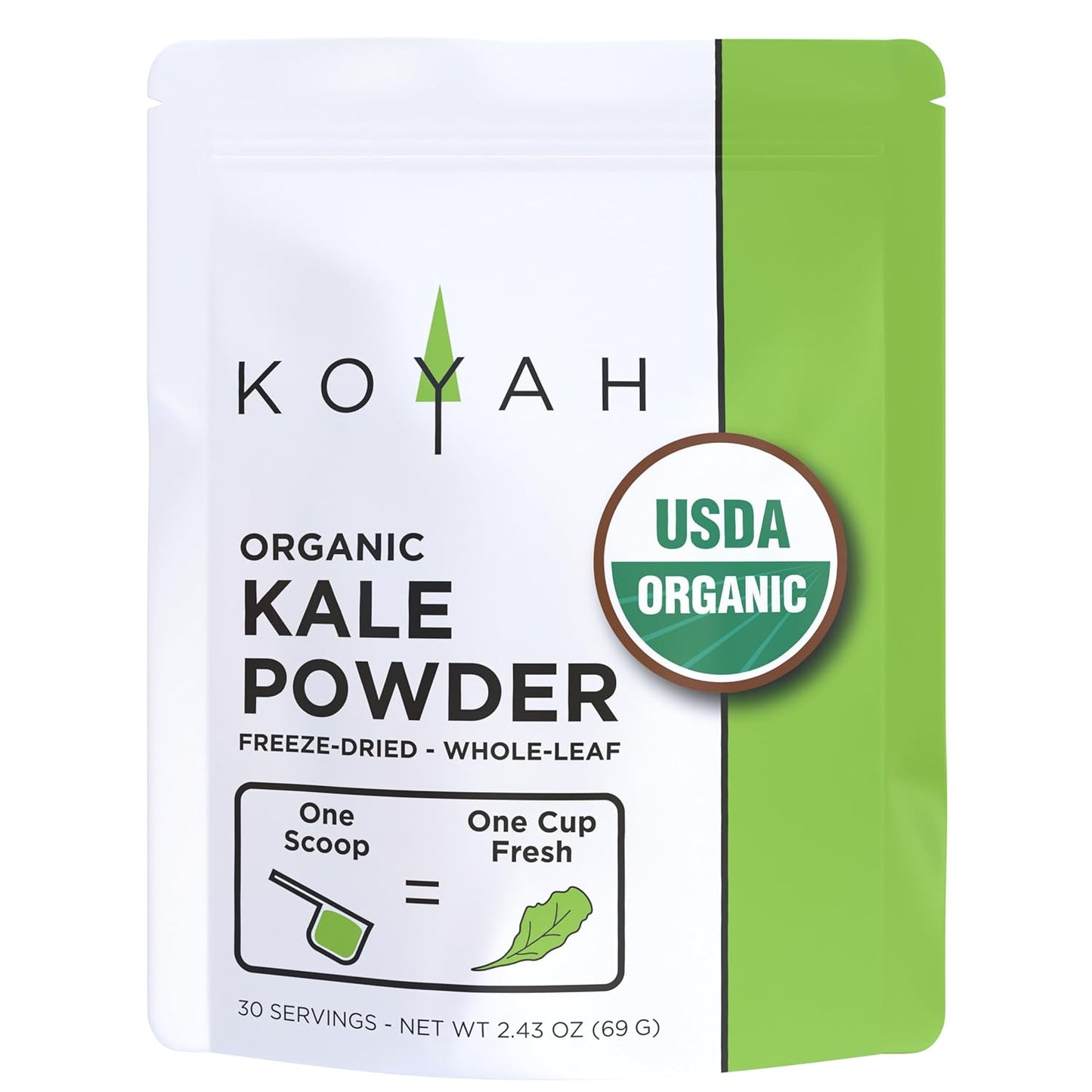 KOYAH - Organic USA Kale Powder (Equivalent to 30 Cups Fresh): Freeze-dried, Whole-Leaf Powder