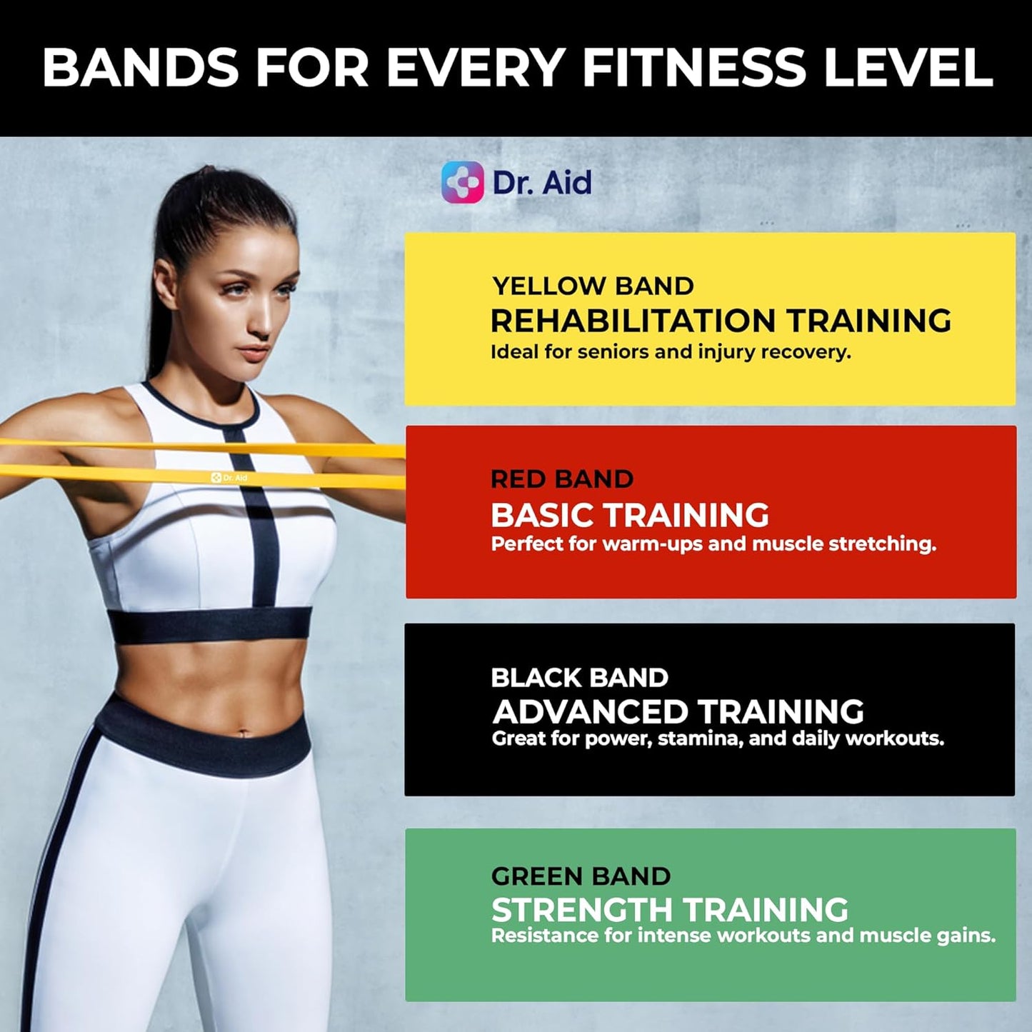 Dr. Aid Pull Up Resistance Bands Set – Elastic, Smell-Free Premium Latex Exercise Bands for Men & Women, Tear-Resistant Workout Bands for Full-Body Strength Training, Physical Therapy, Yoga, Pilates