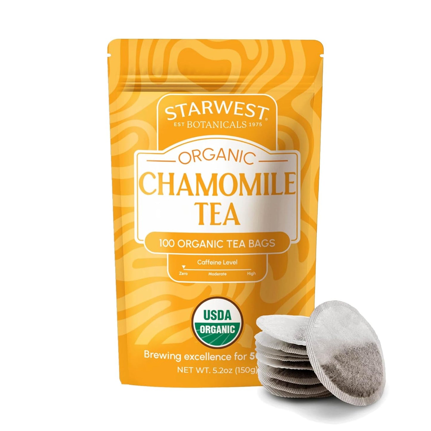 Starwest Botanicals Organic Chamomile Tea - Caffeine Free Herbal Tea, Supports Sleep & Relaxation, String Free Sachets, USDA Organic Chamomile, Non GMO - Bulk Pack, 100 Tea Bags