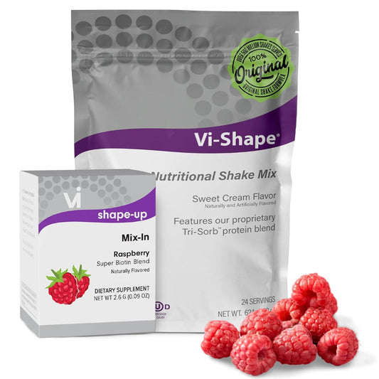 Vi-Shape Raspberry Super Biotin 1 Shake Pouch (24 Servings) + 1 Box Raspberry Mix-in (15 Servings) Delicious ViShape Shake with Strawberry Mix-in