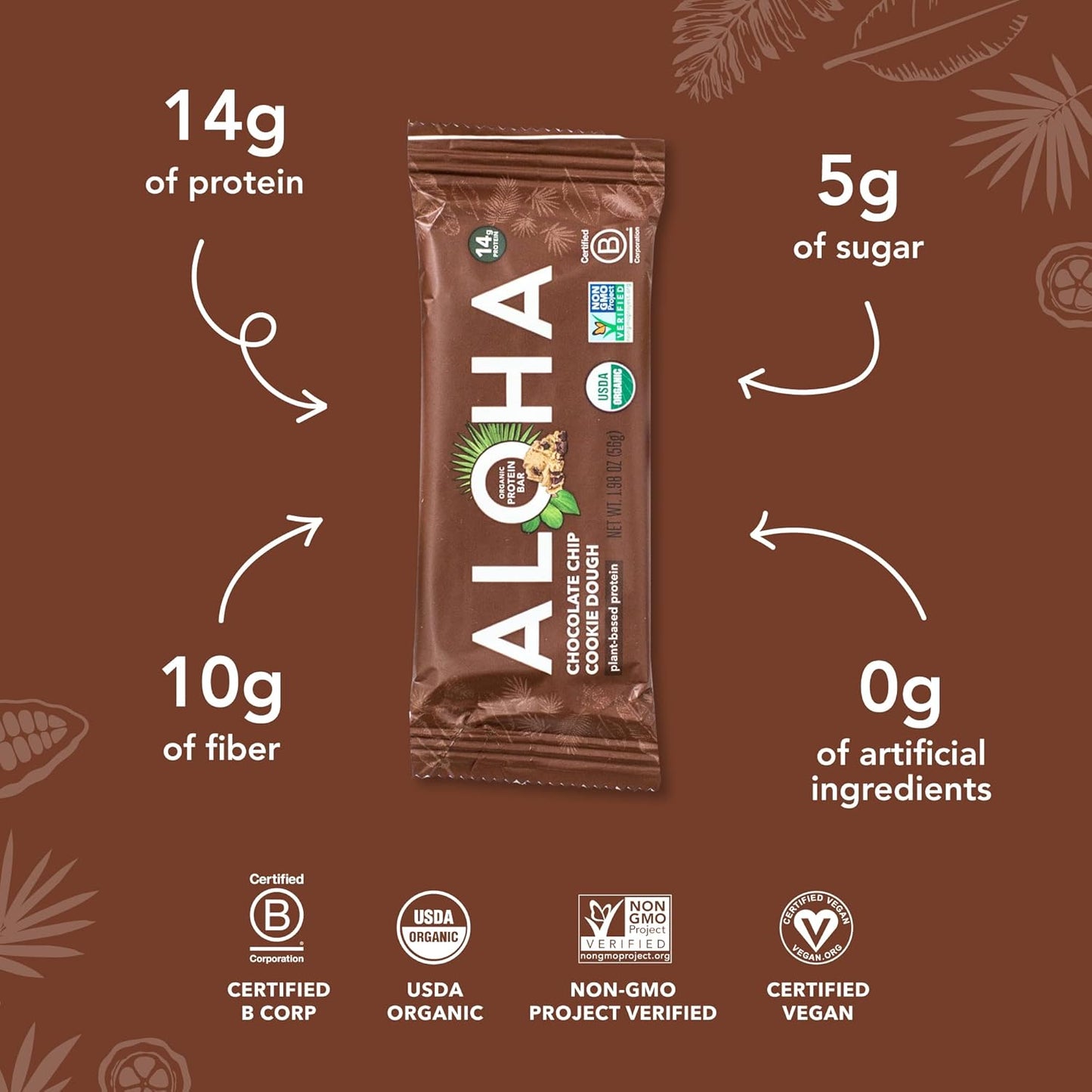 Aloha Organic Plant Based Protein Bars Chocolate Chip Cookie Dough, 1.98 Oz,(Pack of 12)