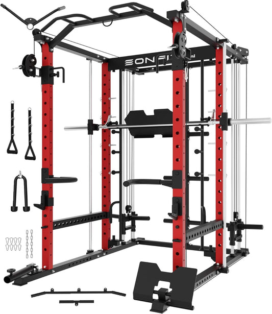Eonfit E5 Smith Machine with Vertical Leg Press, Power Cage Squat Rack with LAT-Pull Down Cable Crossover Rotating Arms System Home Gym Equipment All in One (E5 RED)