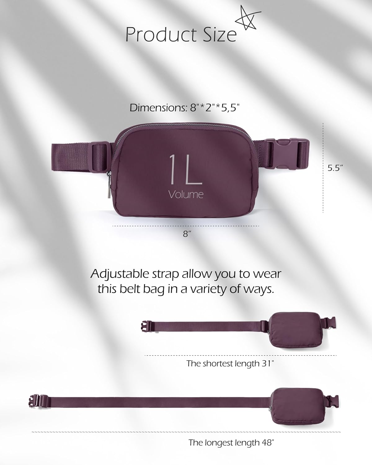 ODODOS Unisex Mini Belt Bag with Adjustable Strap Small Fanny Pack for Workout Running Traveling Hiking, Plum