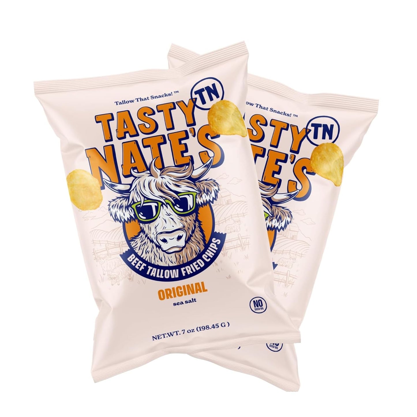 Tasty Nate’s Beef Tallow Potato Chips - Original Sea Salt, Fried in 100% Beef Tallow - Seed Oil Free Chips, Paleo Snacks for Adults, 7oz Bag - Pack of 2