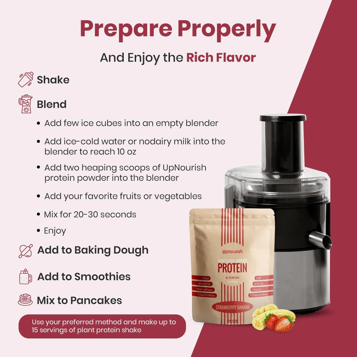 UpNourish Strawberry Banana Vegan Protein Powder 54 Superfoods Powder,1.5 Billion CFU Probiotics 21g Plant Based Protein,No Sugar No Dairy No GMO Dairy Free,Meal Replacement Shake Keto-Friendly Low-Carb Diet,15 Servings