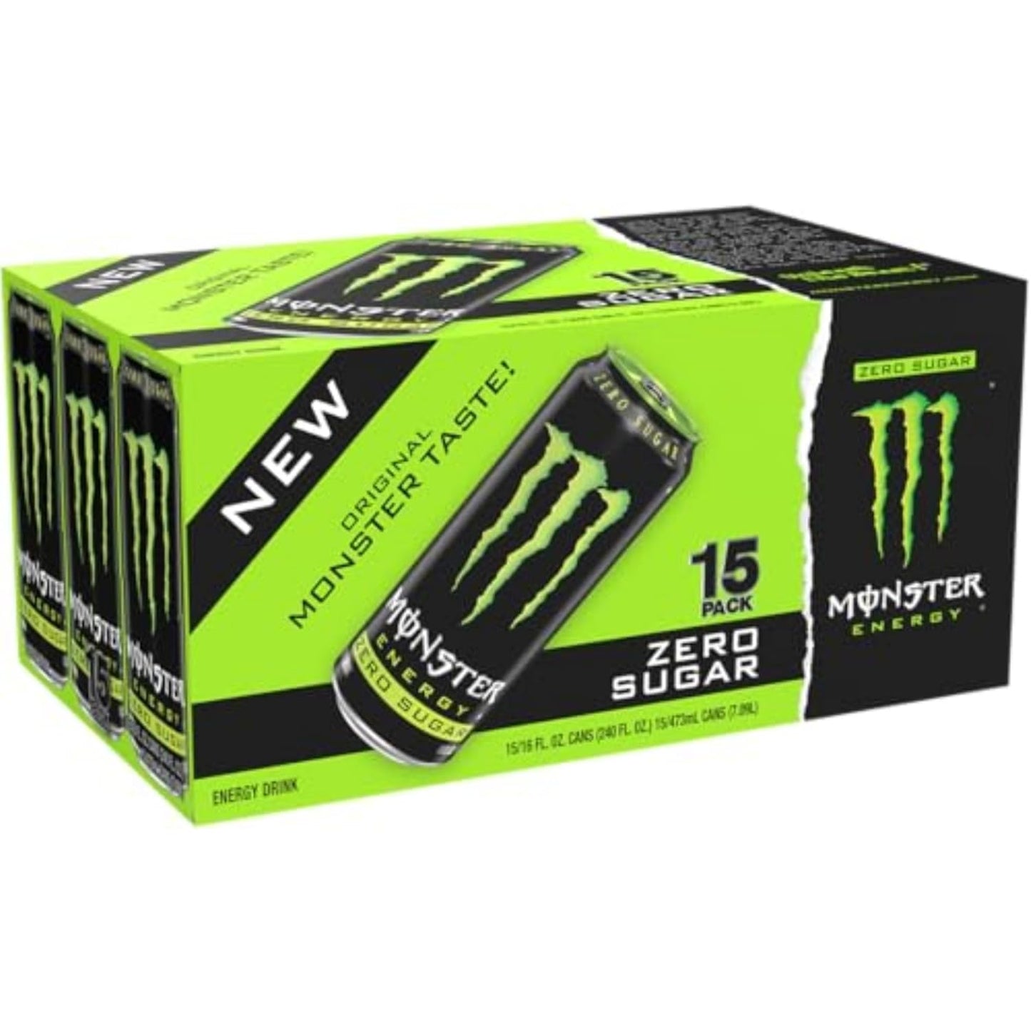 Monster Energy Zero Sugar, Green, Original, Low Calorie Energy Drink, 16 ounce (Pack of 15)