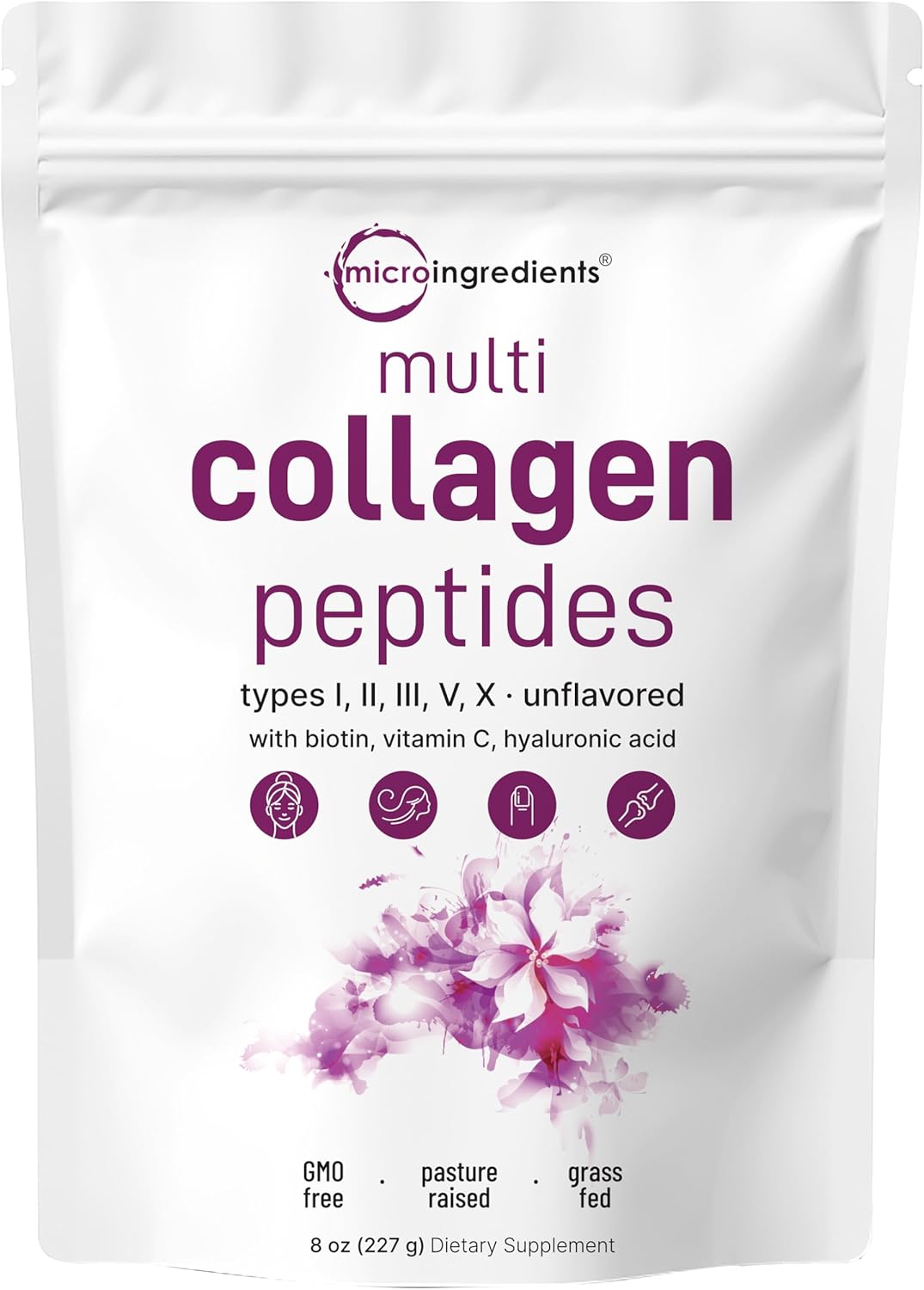 Micro Ingredients Multi Collagen Peptides Powder, 8oz | Type I, II, III, V, X + Biotin, Vitamin C & Hyaluronic Acid | Unflavored | Supports Hair, Skin & Joint Health | Keto, Non-GMO