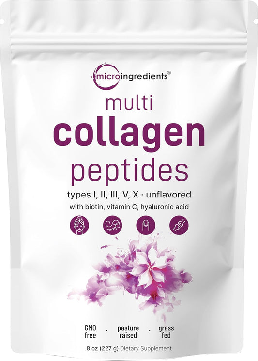 Micro Ingredients Multi Collagen Peptides Powder, 8oz | Type I, II, III, V, X + Biotin, Vitamin C & Hyaluronic Acid | Unflavored | Supports Hair, Skin & Joint Health | Keto, Non-GMO