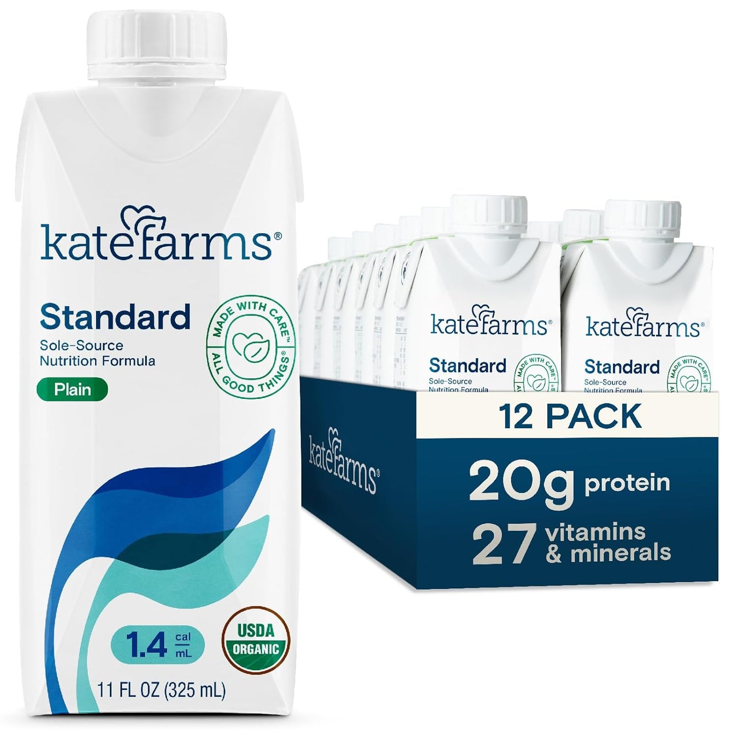 KATE FARMS Organic 1.4 High Calorie Nutrition Shake, Plain, 20g Protein, 27 Vitamins and Minerals, Meal Replacement, Protein Shake. 11 oz (12 Pack)