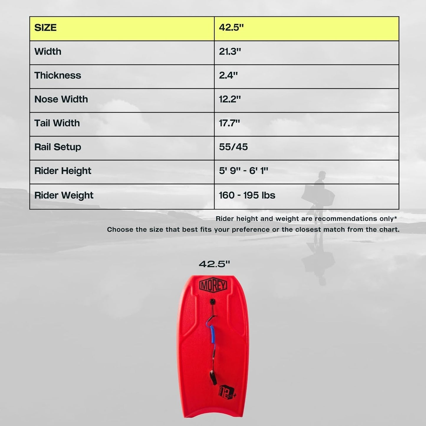 MOREY® Mach 12 MDS, 42.5" Bodyboard. Dynamic Speed Body Boards for Beach, for All Skill Levels, Embedded Fiberglass Stringer, with Coil Leash. Re-Engineered 2025 Model