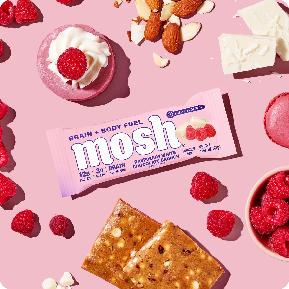 MOSH Raspberry White Chocolate Crunch Keto Protein Bars, High Fiber, Low Carb, Gluten Free, High Protein, Brain Healthy Snack, 12 Count