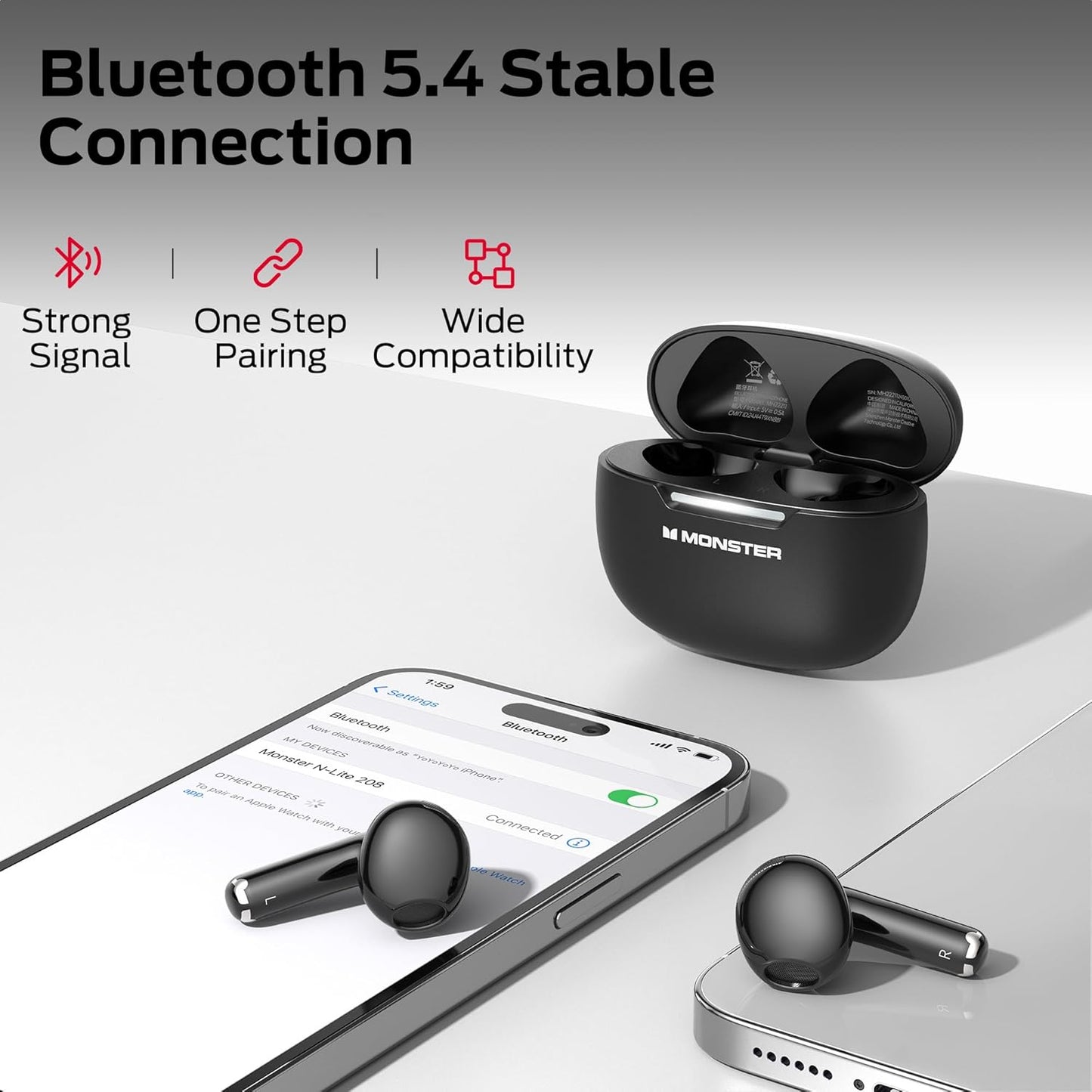 Monster N-Lite 208 Wireless Earbuds, Bluetooth Earbuds Touch Control, Bluetooth Headphones with 30H Playtime, Wireless Headphones Type-C Fast Charging, Clear Call, Comfortable Fit for Running