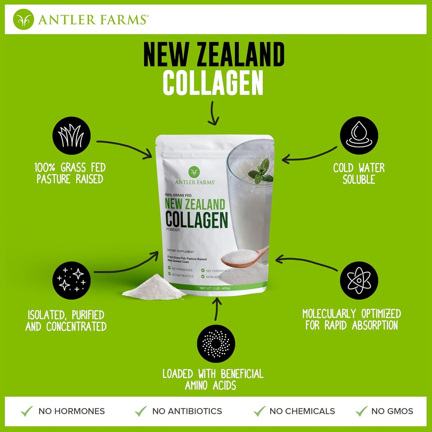 Antler Farms - 100% Pure New Zealand Collagen Powder from Grass Fed Cows, Unflavored, 1 lb - Hydrolyzed Cold Water Soluble Peptides, Keto Friendly, Bioavailable, Quick Dissolving