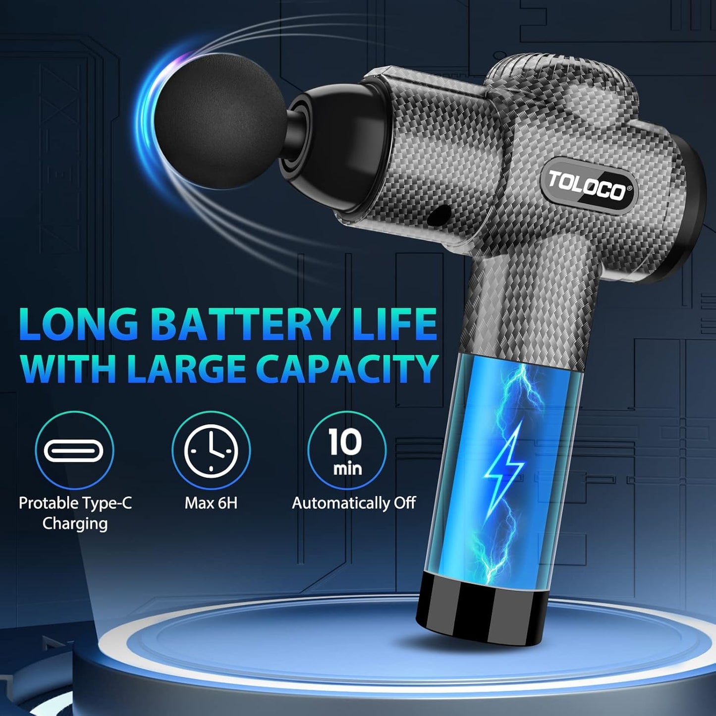 TOLOCO Massage Gun, Deep Tissue Back Massage for Athletes for Pain Relief, Percussion Massager with 10 Massages Heads & Silent Brushless Motor, Carbon