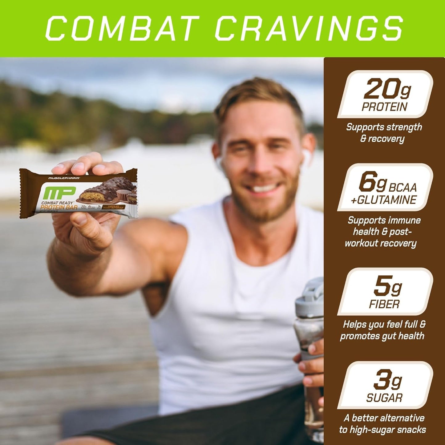 MusclePharm Combat Ready Chocolate Peanut Butter Cup, High Protein Bars, Combat Cravings, Fuel Performance & Meet Energy Demands, 20g Protein from Whey Protein, 5g Fiber, Gluten Free, 4 Bars