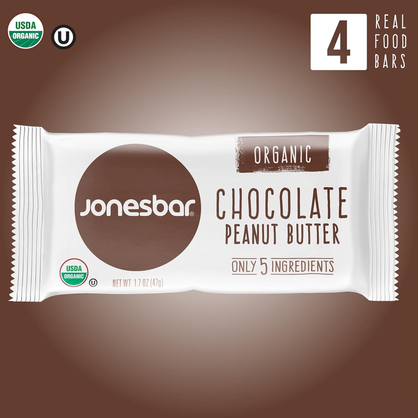 JONESBAR (Chocolate Peanut Butter, 4 Count (Pack of 1)), USDA Organic Fruit & Nut Bar, Non-GMO, Kosher, Vegan, Gluten Free, Simple Snack Bar
