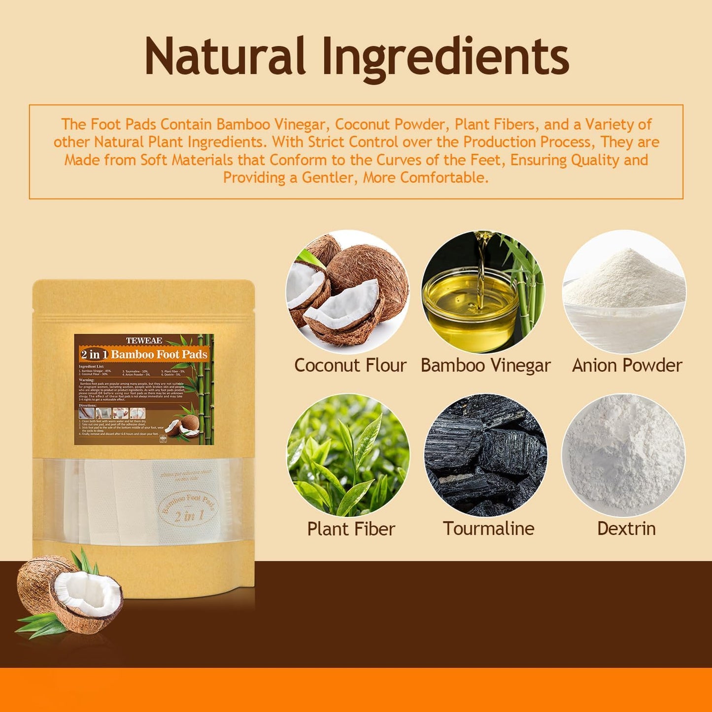 2 in 1 Foot Pads, 64 Pads Bamboo Vinegar Coconut Shell Powder Foot Pads with ''Stay in Place'' Bigger Adhesive Sheet