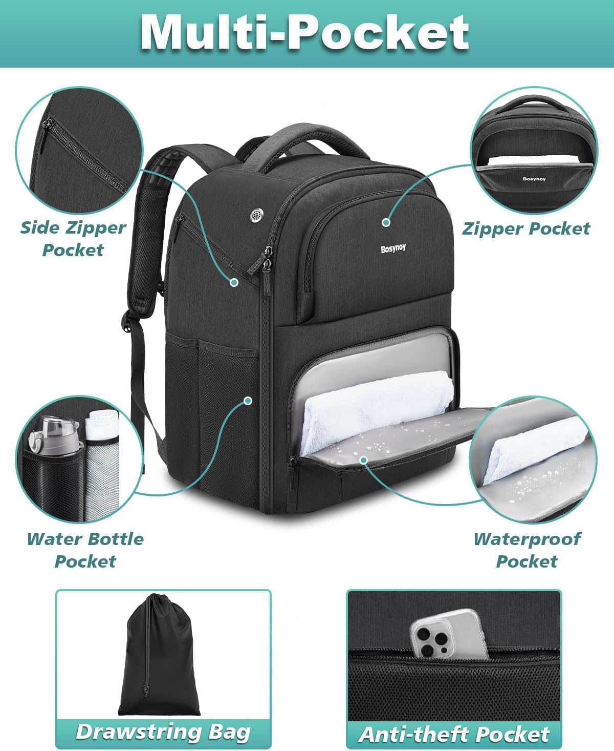 Bosynoy 2 Ball Bowling Backpack, Extra Large Bowling Ball Bag Totes with Protective Foam Padded, Accessory Pouch & Shoe Compartment Fits Up to Mens Size 16, Black