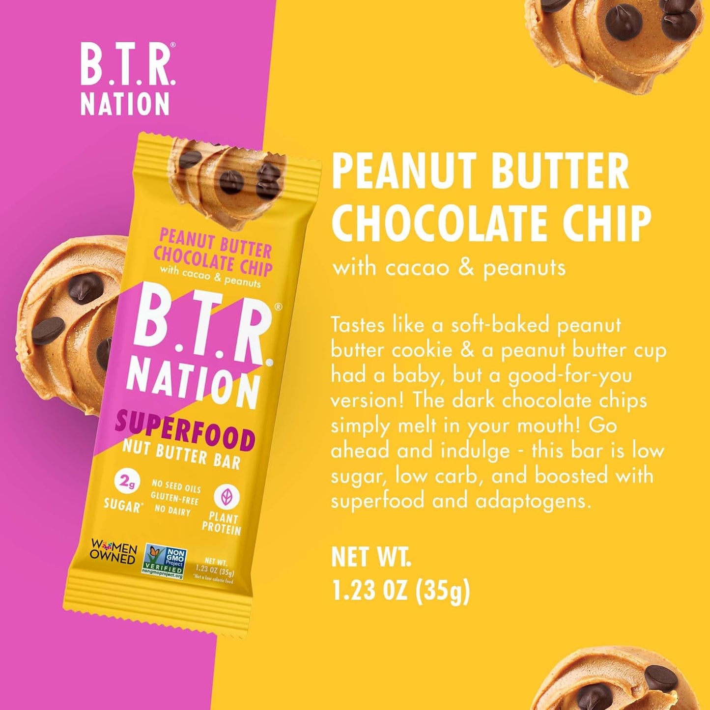 B.T.R. Nation Vegan Keto Superfood Protein Bars - Peanut Butter Chocolate Chip BLISS | (12) Bars | Low Carb, Plant Based, Gluten Free, Free of Sugar Alcohols & Boosted with Powerful Superfoods!