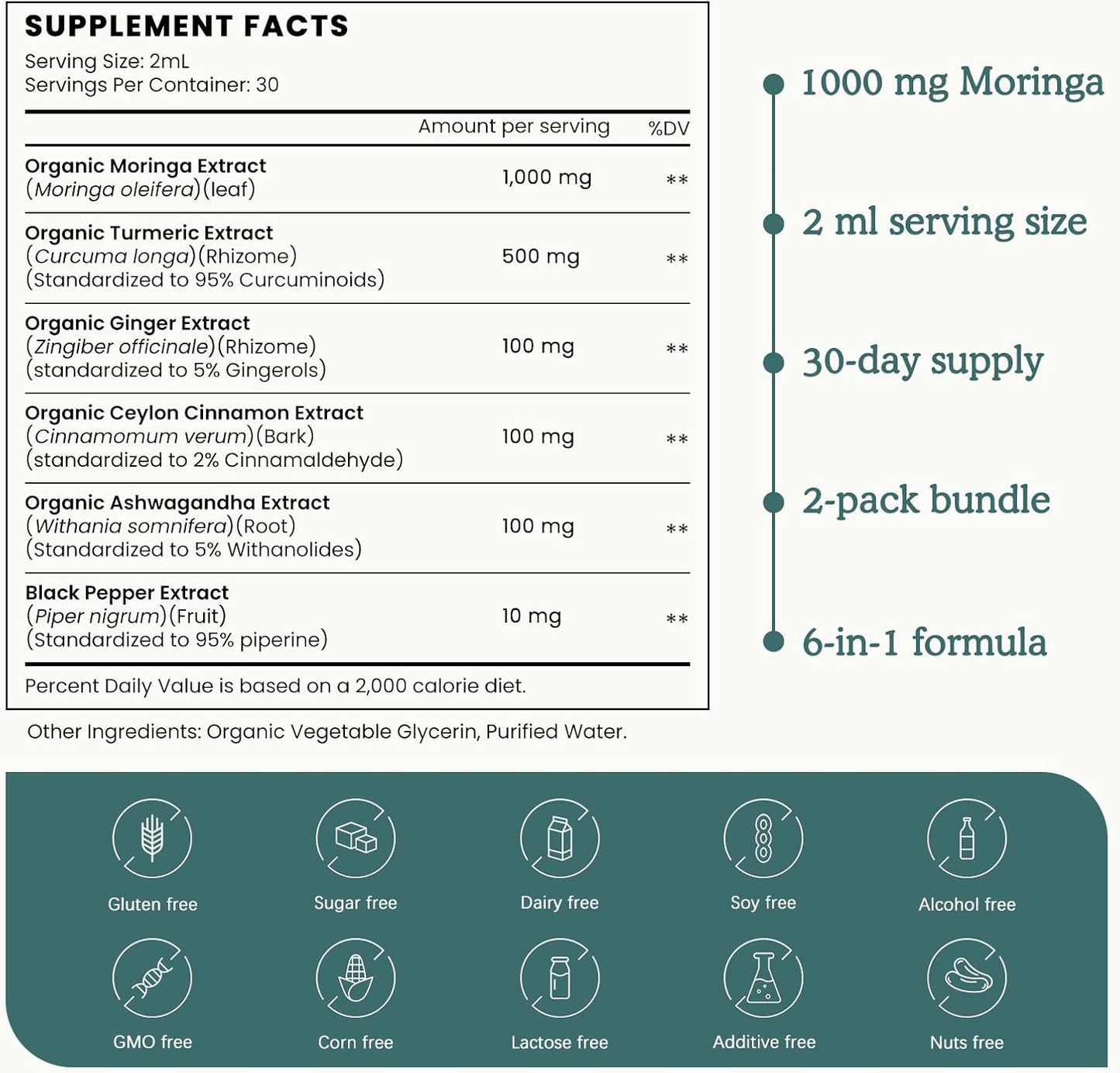 (2 Pack) Organic Moringa Leaf Extract Liquid Drops Supplement 1000mg with Turmeric and Black Pepper for Energy, Antioxidant and Skin, Green Superfood Supplement for Women Men, Vegan, 1 Fl Oz