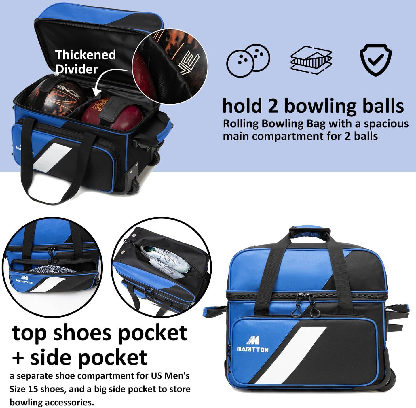 Bowling Bag with Wheels Double Roller 2 Ball Bowling Separate Shoe Compartment and Oversized Accessory Pocket, 36.6" Extendable Handle.