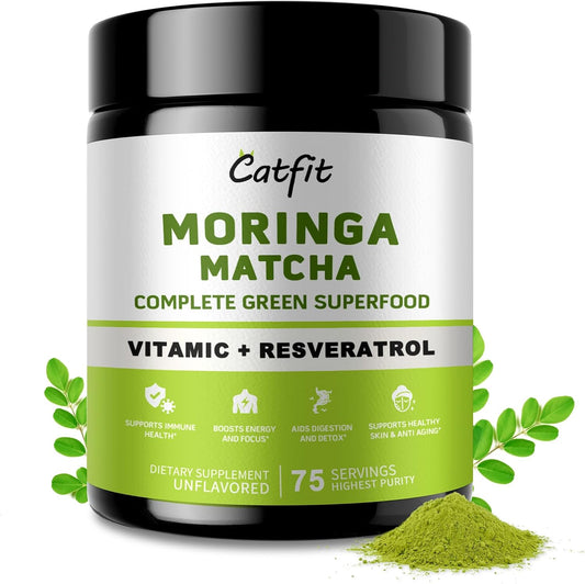 Matcha Moringa Powder – Superfood Blend with Green Tea & Resveratrol, Energy & Focus Support, Immune & Antioxidant Defense, Vegan, Gluten-Free, 8oz