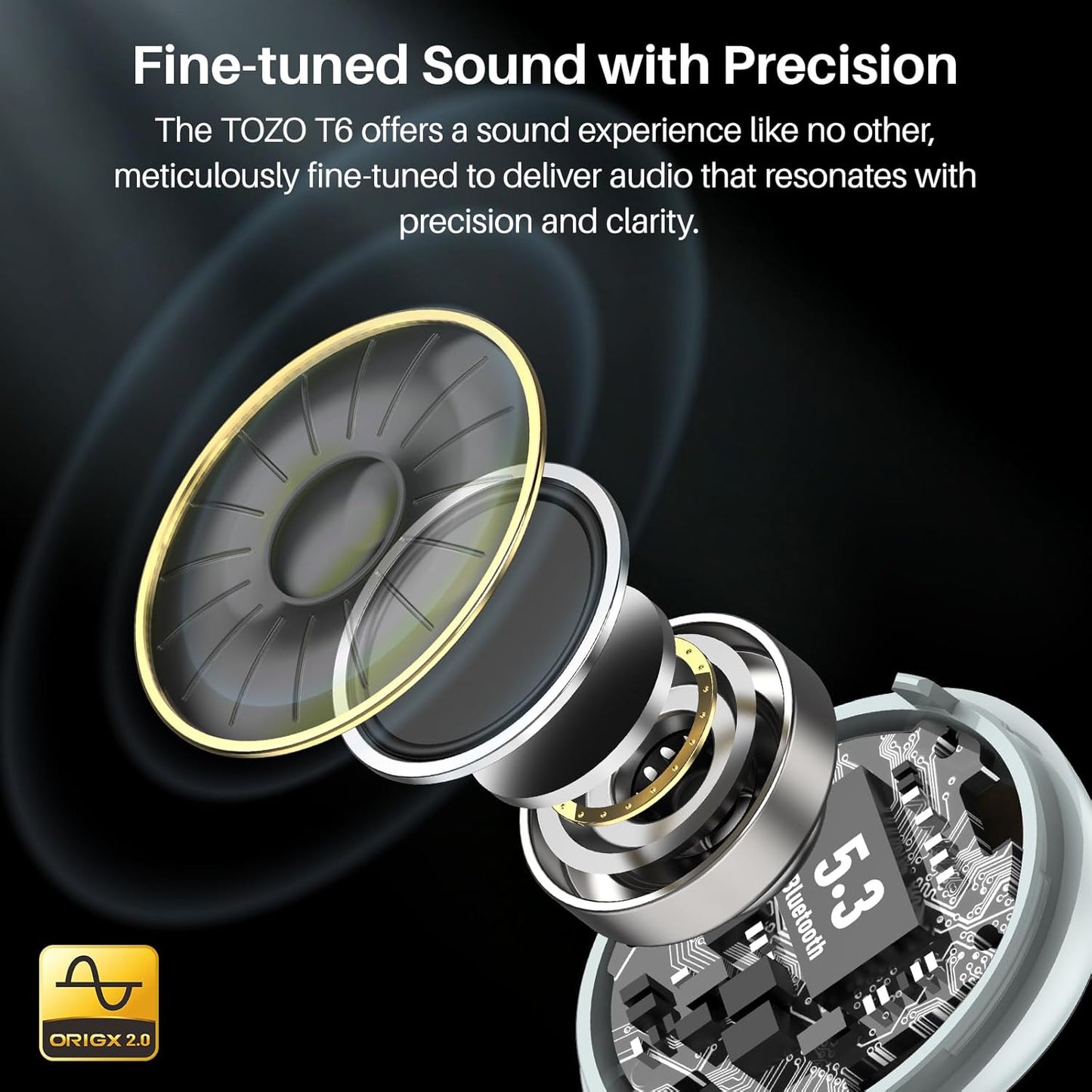 TOZO T6 Wireless Earbuds, IPX8 Waterproof Ear Buds, Stereo Bass Sound Bluetooth 5.3 Headphones in Ear, 50 Hours Playtime Earphones, Wireless Charging Case, Custom 32 EQ via APP