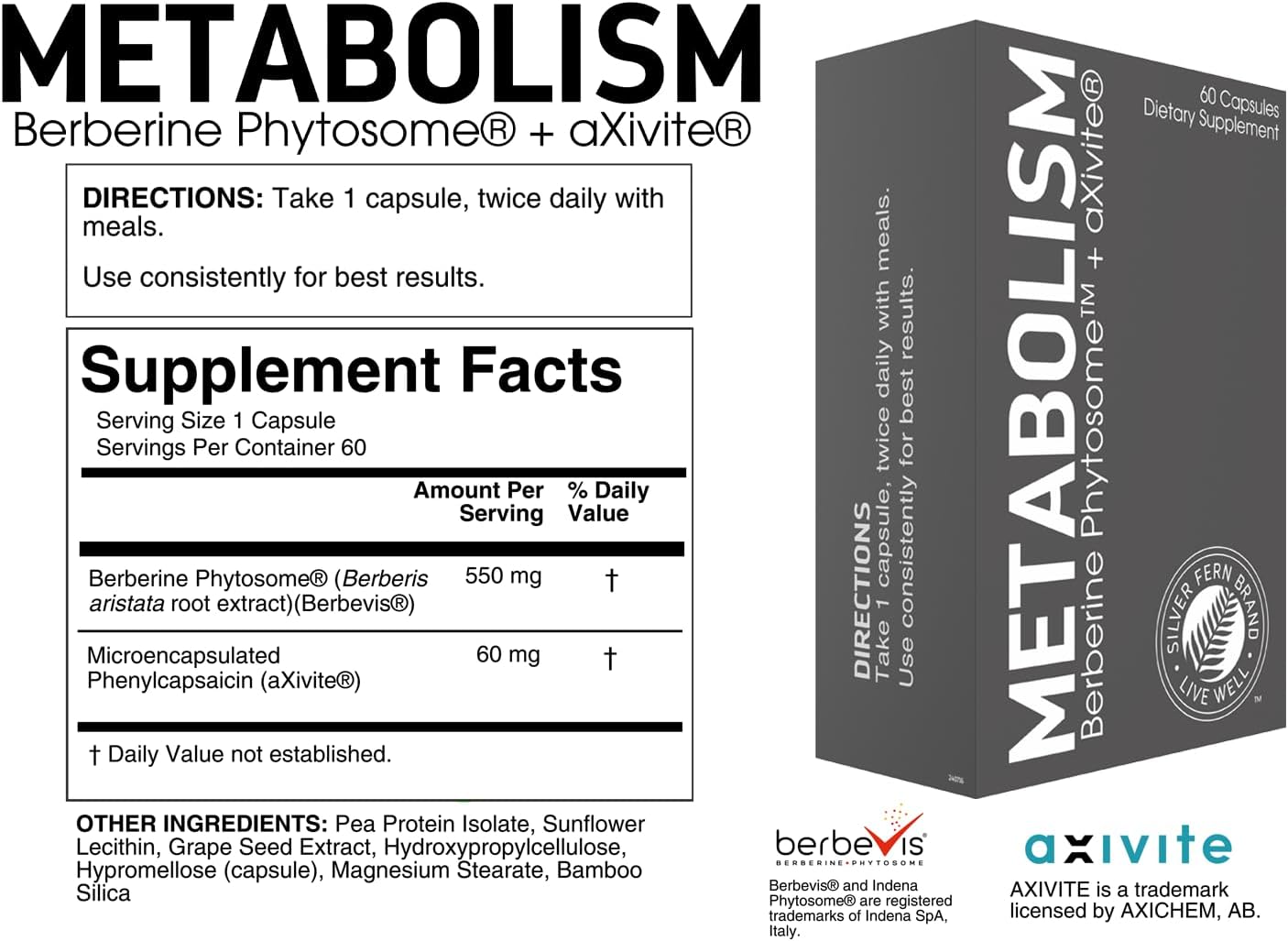Silver Fern Brand Metabolism Supplement + Berberine Phytosome & aXivite – Supports Function & Wellness – 60 Capsules