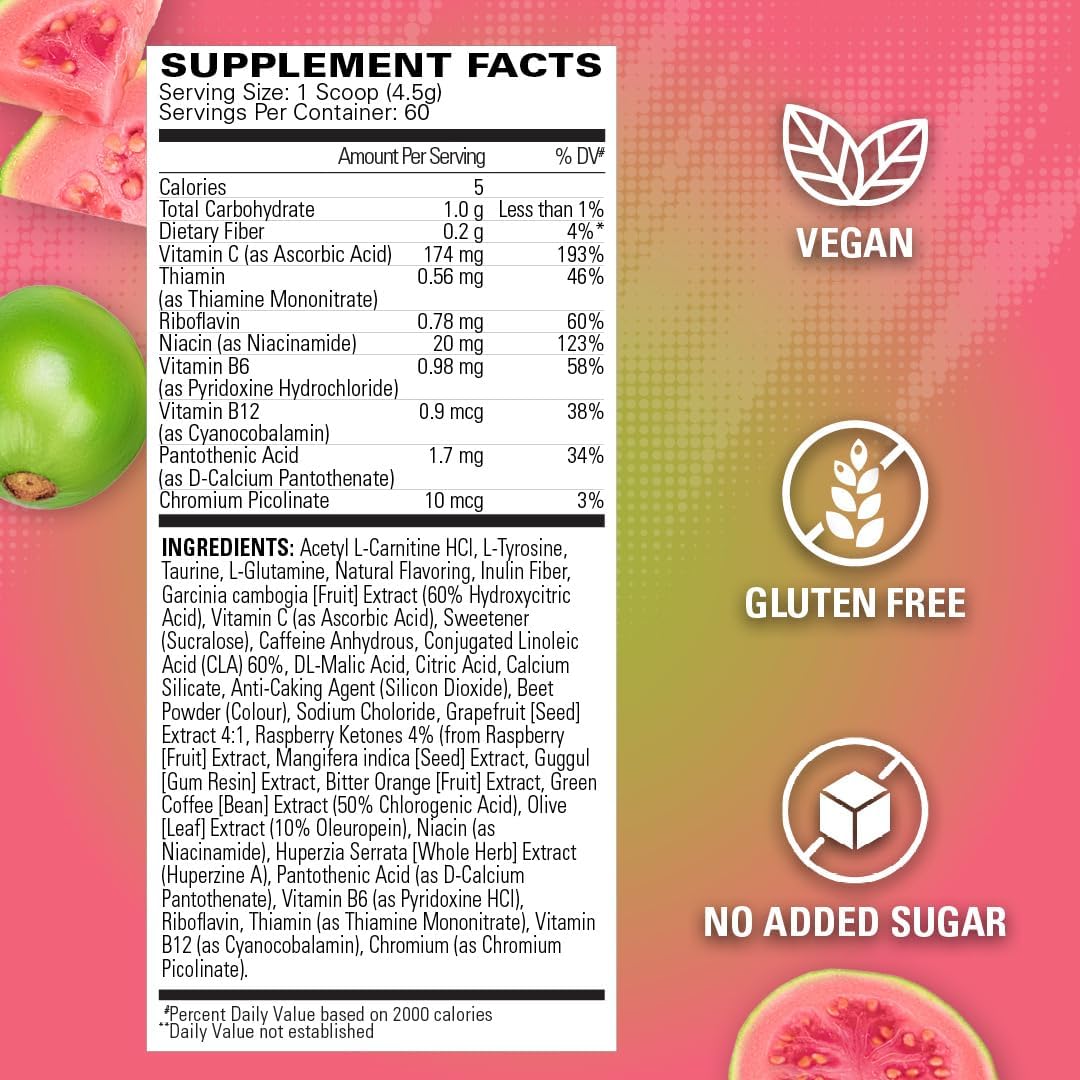 EHP Labs OxyShred Pre Workout Powder & Shredding Supplement - Preworkout Powder with L Glutamine & Acetyl L Carnitine, Energy Boost Drink - Guava Paradise, 60 Servings