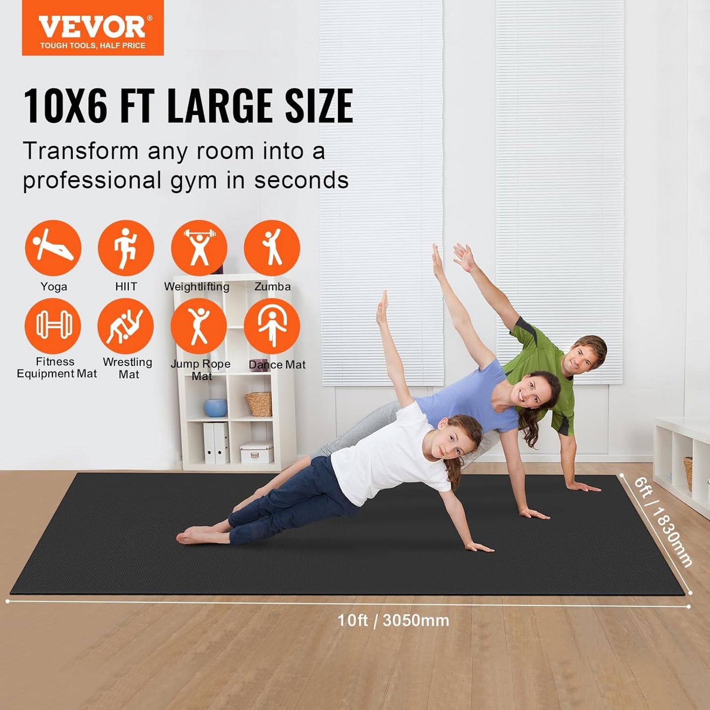 VEVOR Large Exercise Mat, Non Slip High Density Premium Yoga Mat, Exercise Yoga Mat for Men Women, Fitness & Exercise Mat with Bag & Carry Strap, for All Types of Home Yoga, Pilate & Floor Workout