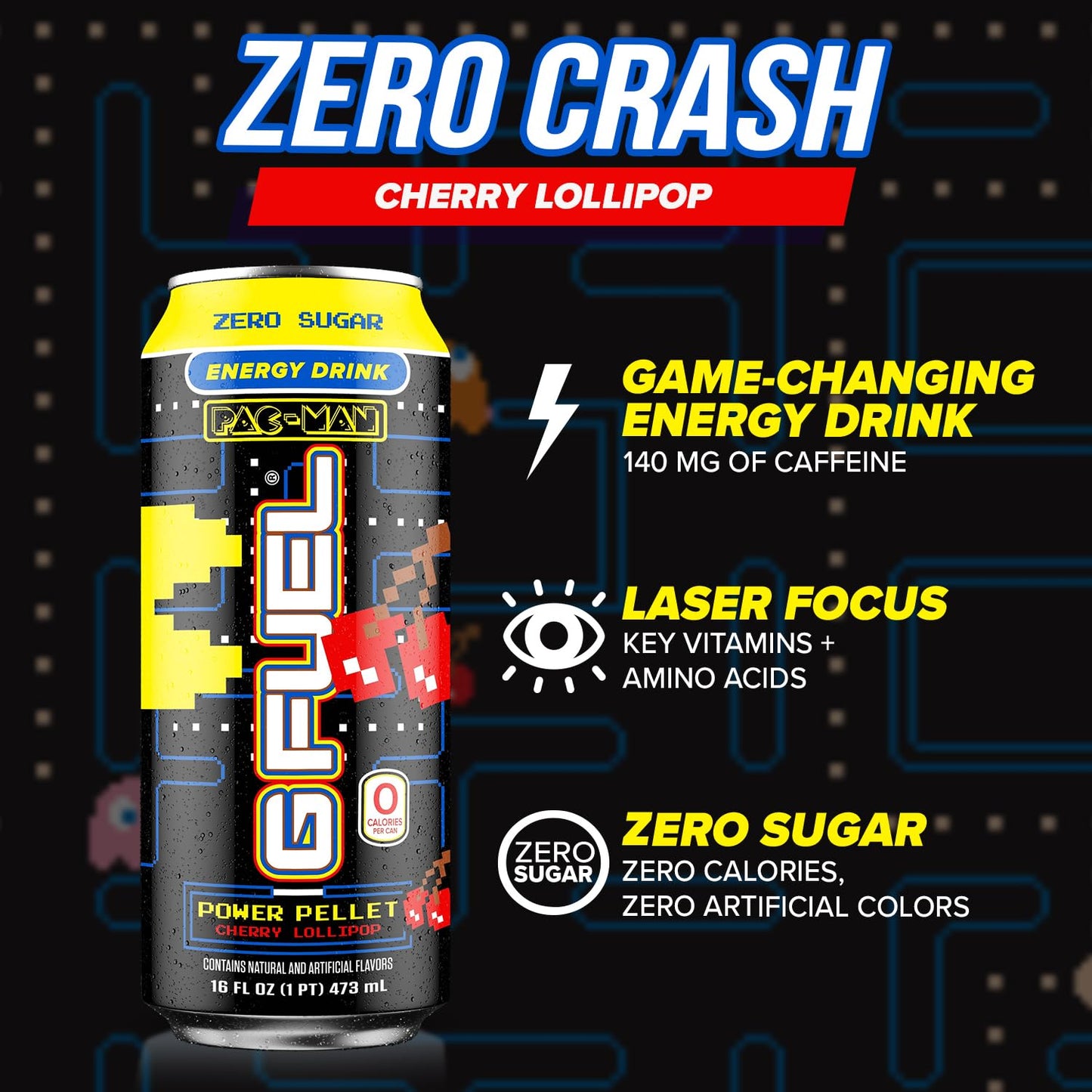 G Fuel Energy Drink, Cherry Lollipop, Sugar Free Beverage with 140mg Caffeine, Daily Energy Boost with Focus Amino, Vitamin + Antioxidants, 16 oz Cans (Pac-Man Power Pellet, 12-Pack)