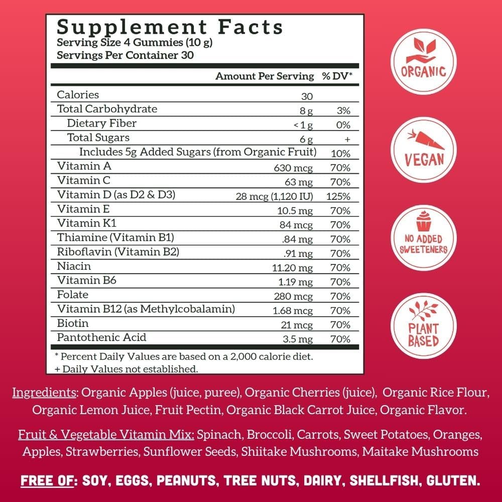 Llama Naturals Multivitamin for Women and Men, Vegan, Organic Gummies with Vitamin D, C and K, Adults Real Fruit Gummy Vitamins, Chewable Multivitamin Supplement, No Added Sugar Cane, Cherry, 120 Ct