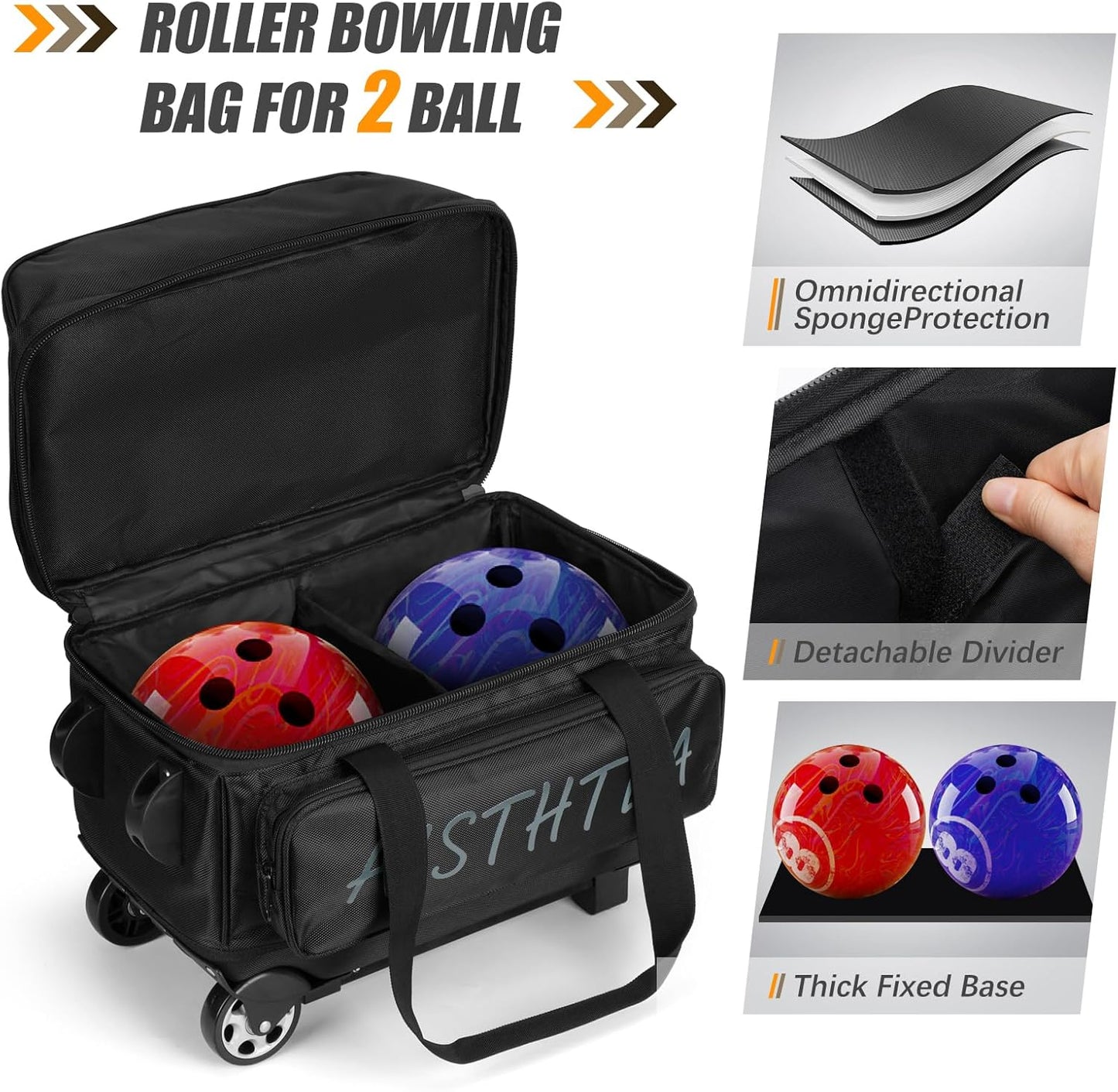 2-3 Ball Bowling Bag with Wheels, Rolling Trolley Bowling Bags with Large Separate Shoe Compartment and Oversized Accessory Pocket